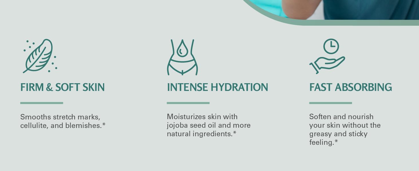 firm & soft skin, intense hydration, fast absorbing, stretch mark cream