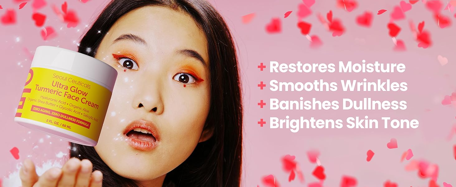 Korean Face Moisturizer Turmeric Cream with Korean skincare model and text showing key benefits