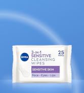 NIVEA 3in1 Sensitive Cleansing Wipes (25 Wipes), Plant-Based Makeup Remover Wipes, Face Wipes for...