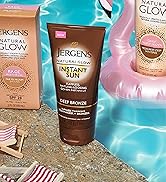 Jergens Natural Glow Instant Sun bottle next to a pool