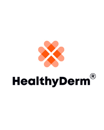 HealthyDerm logo featuring an orange four-leaf clover design above the brand name in black text on a white background.