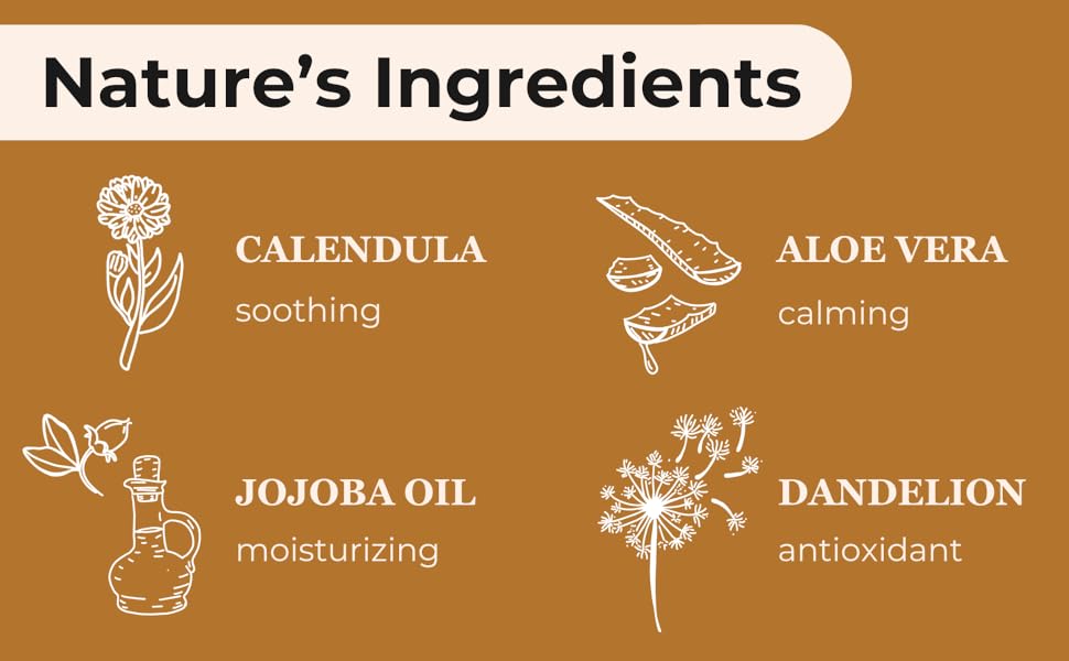 Aloe vera, calendula, jojoba oil, dandelion, vitamin e, vitamin c