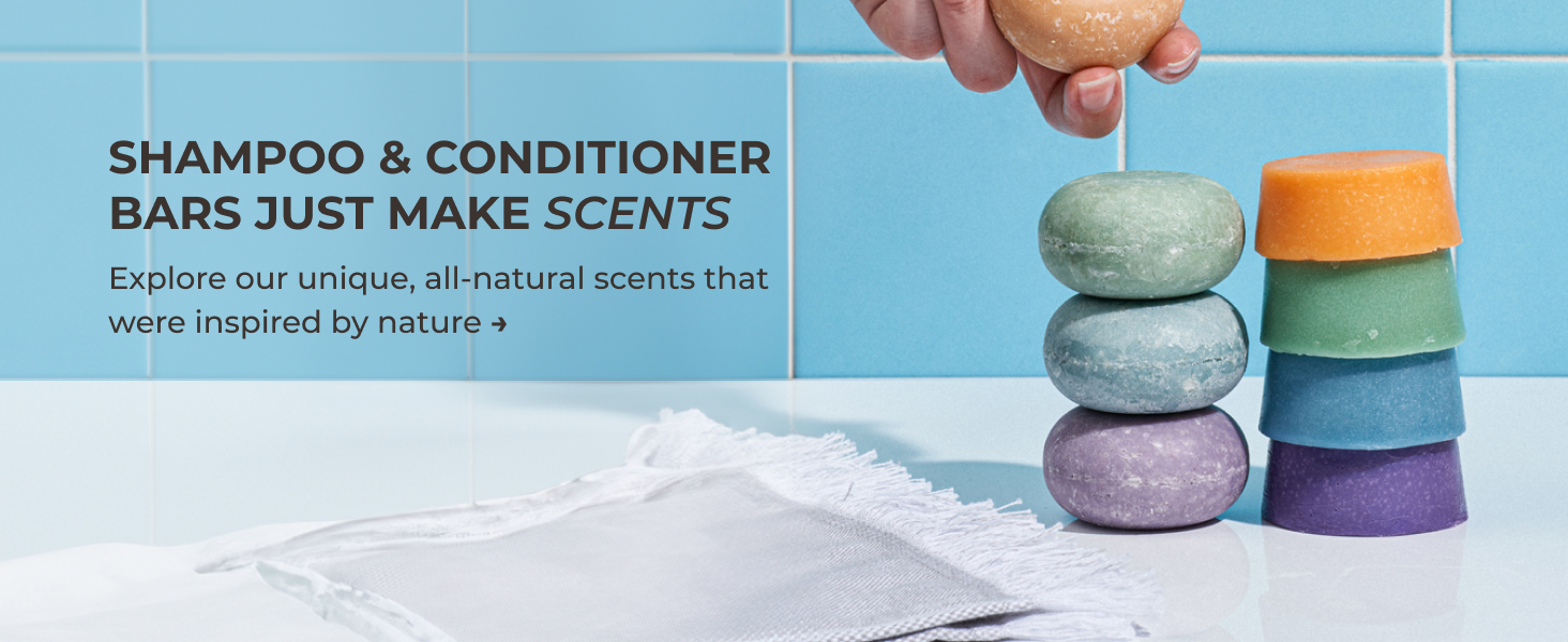 stack of variety of shampoo and conditioner bar scents