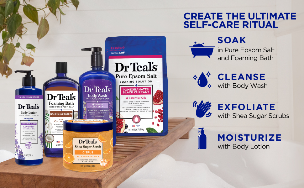 Image of various Dr. Teals on bath tray
