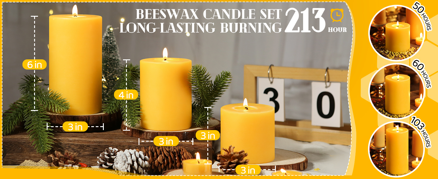 Combination size beeswax pillar wax 3x3in 3x4in 3x6in aesthetic combination