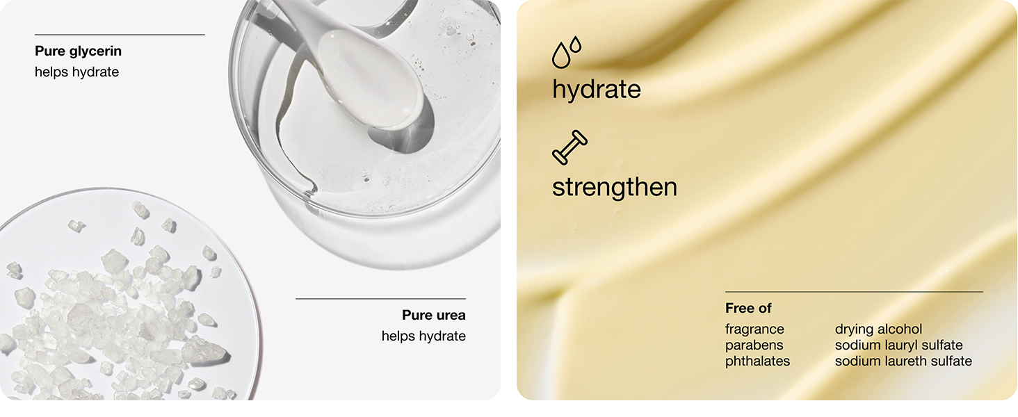Pure glycerin helps hydrate, pure urea helps hydrate, fragrance free, free of parabens and phthalate