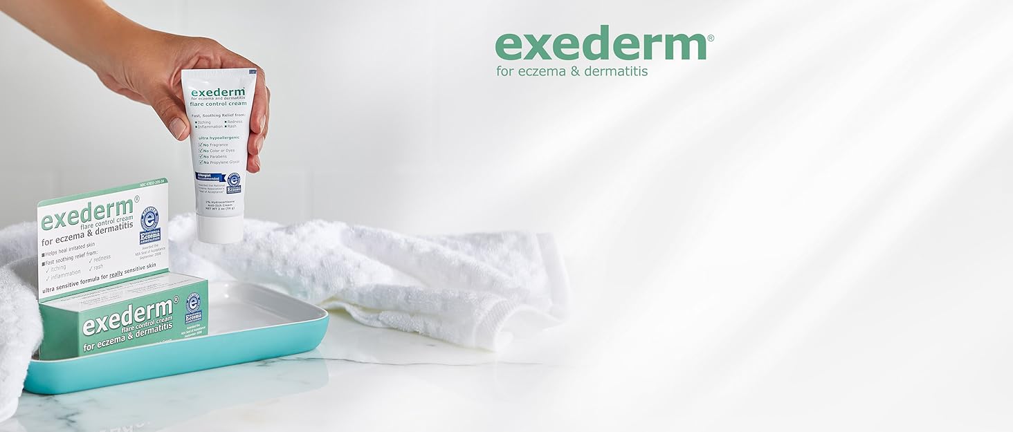 exederm flare control cream product on a bathroom counter with white towels