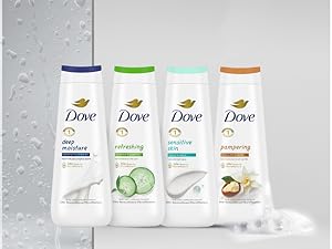 Four Dove Body Wash bottles against soapy white background with shower glass. 