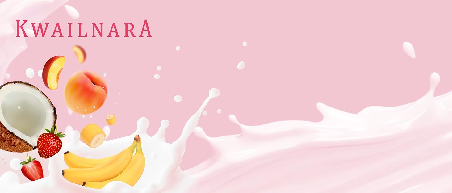 Pink background with milk flowing across with Kwailnara Logo with fruits
