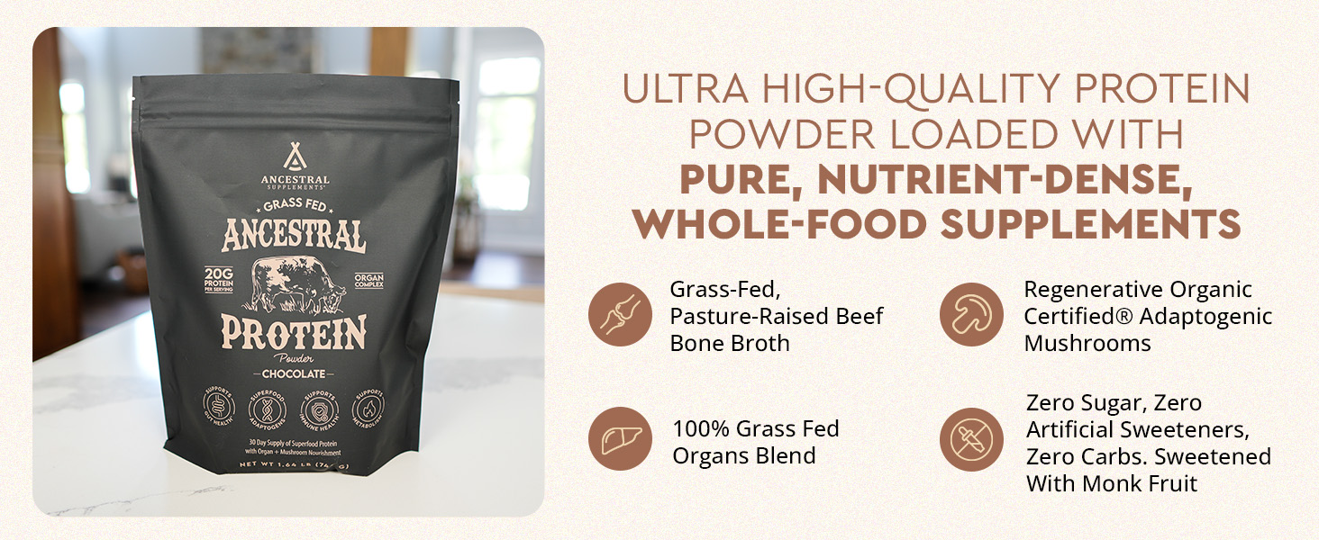 rganic, natural, grass-fed beef & bone broth protein powder, no sugar, reishi, lions mane, chaga