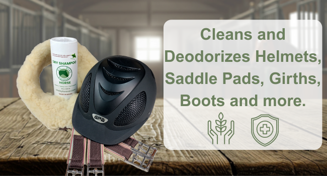 riding helmet and girth on table with dry shampoo in a barn