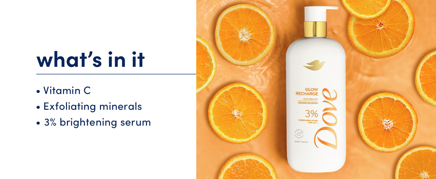 A shot of the Glow Recharge Body Wash surrounded by orange slices on a orange water background