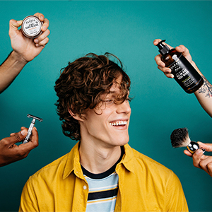 Man surrounded by products