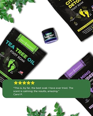 Tea Tree Oil Foot Soak and Citrus Foot Soaks, Tea Tree Super Balm, and 5-star review