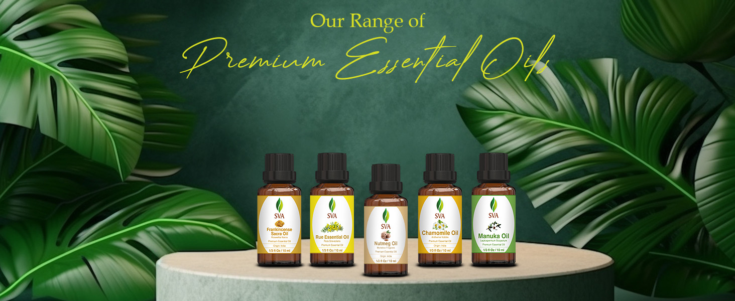 A collection of essential oils glass bottles from SVA including nutmeg essential oil 1/3 ounce