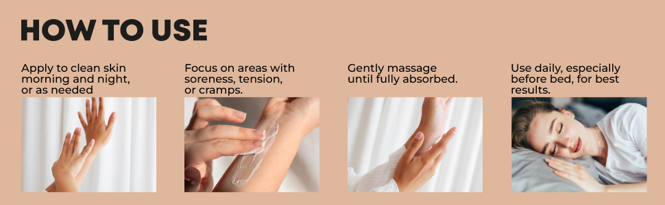 Four-step usage guide: apply to clean skin, focus on sore areas, massage, use daily at bedtime