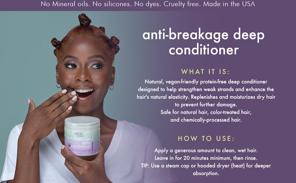 model holding deep conditioner bottle and explanation of what it is