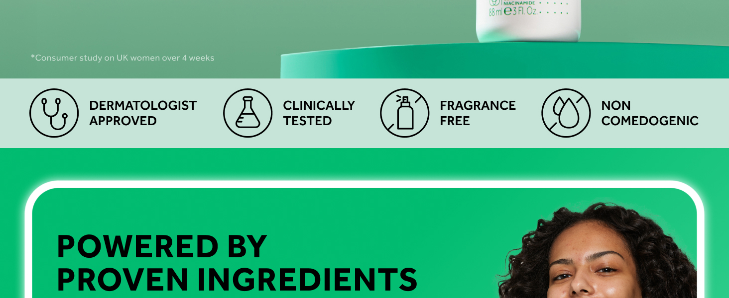 dermatologist approved, clinically tested, fragrance free and non comedogenic