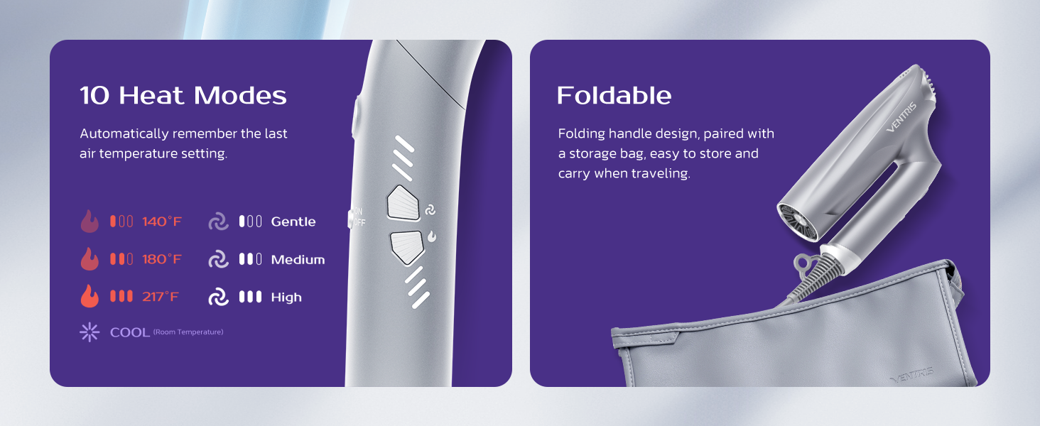 hear mode hair dryer, foldable hair dryer, heat contorl, travel hair dryer