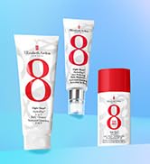 Elizabeth Arden Eight Hour HydraPlay bottles on a blue podium