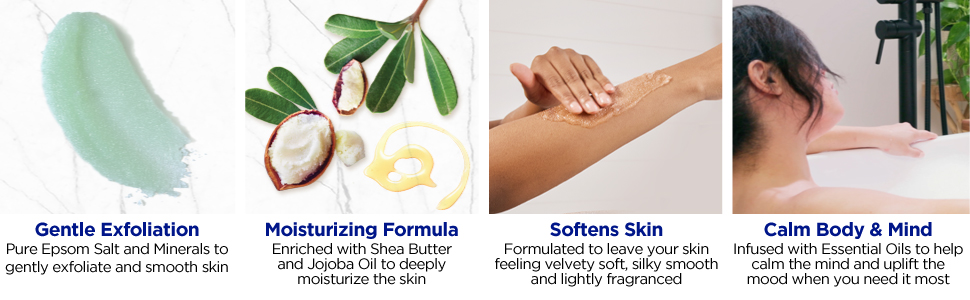 Gentle exfoliation, moisturizing formula, softens skin, calm body & mind with essential oils 