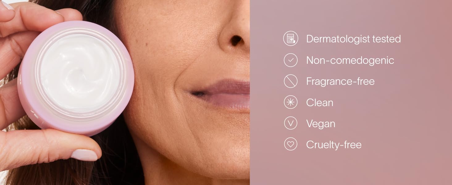 Dermatologist tested, non-comedogenic, fragrance-free, clean, vega, cruelty-free