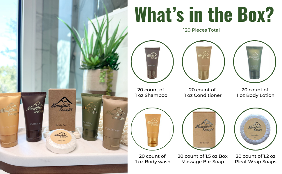 120 piece 20 count per item Traveler unpacking Mountain Escape toiletries in a rustic cabin bathroom