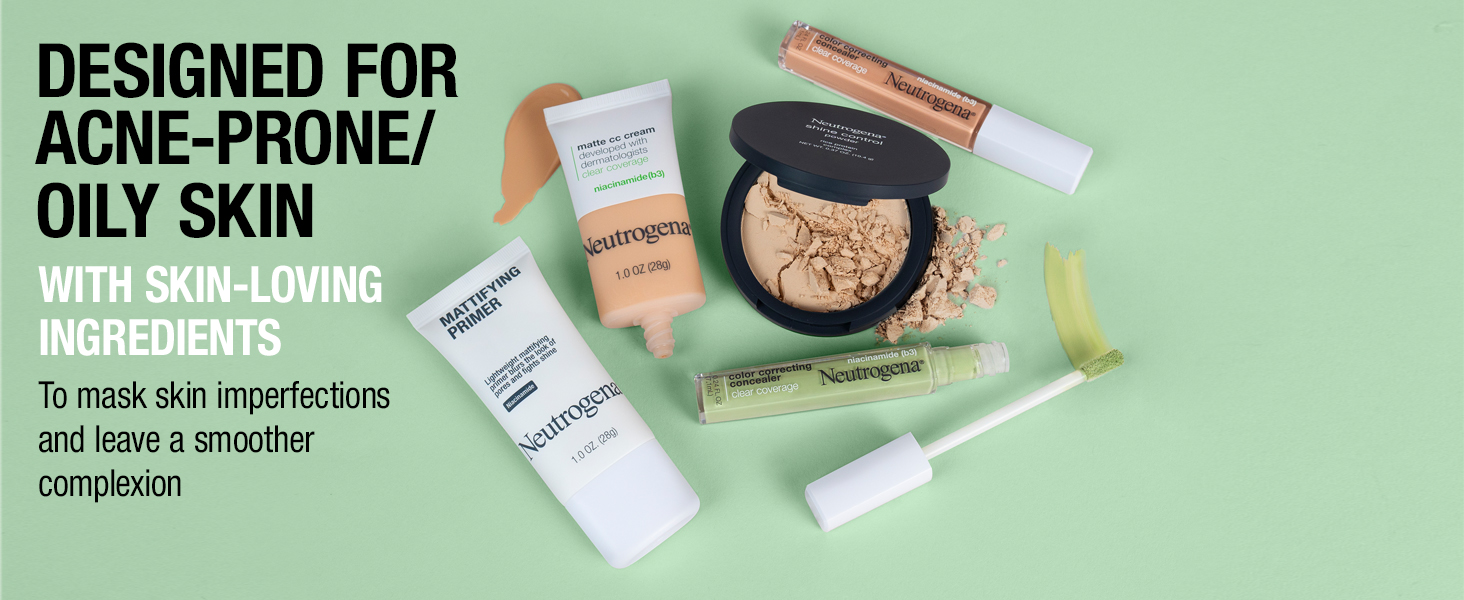 Neutrogena makeup products group on green background designed for acne-prone & oily skin