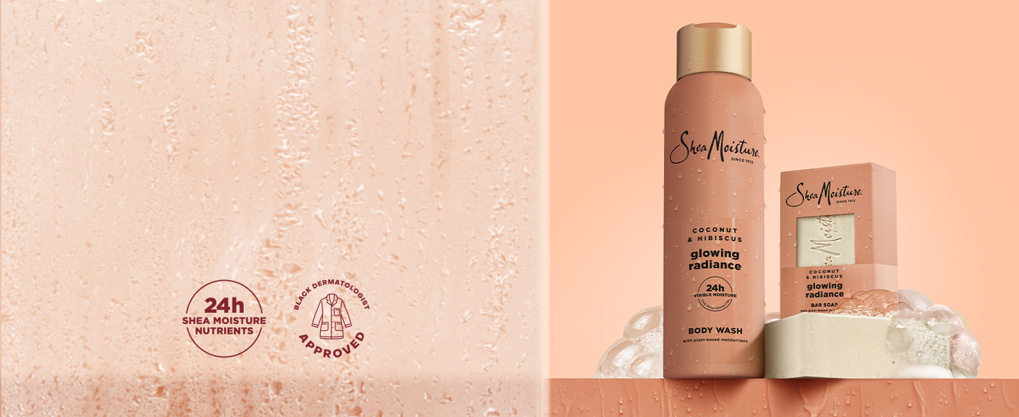 A collection shot of the Coconut & Hibiscus Body Wash and Bar Soap on a coral background.