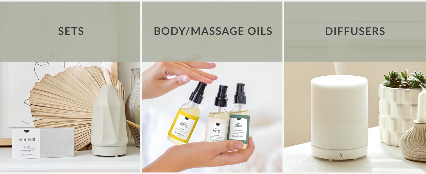 essential oil sets, body & massage oils, home diffusers & humidifiers