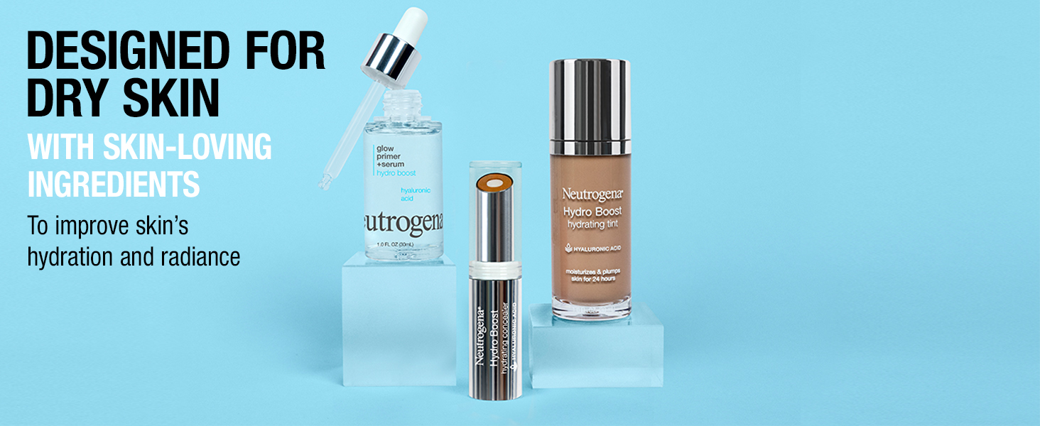 Neutrogena makeup products group on blue background designed to help hydrate dry skin