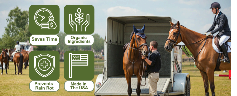 horses standing next to a traioler with the words save time and oranic ingredients