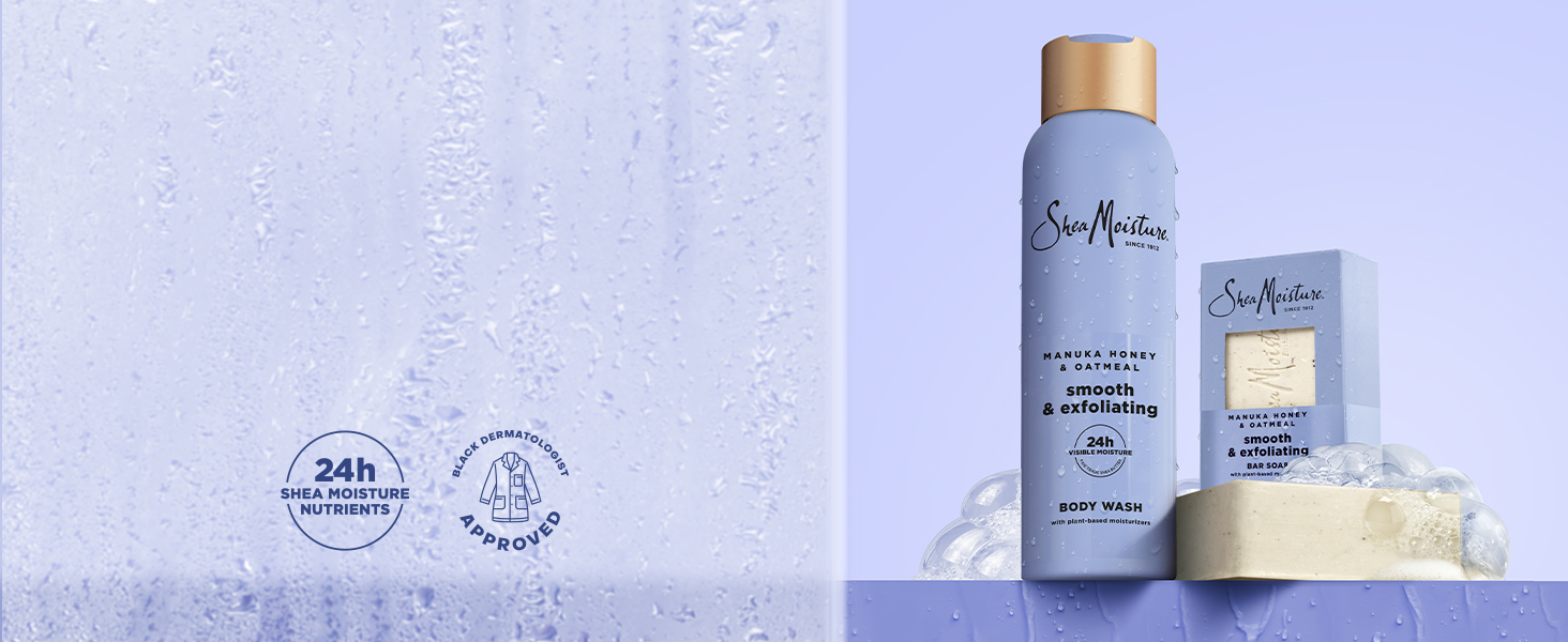 A collection shot of the Manuka Honey & Oatmeal Body Wash and Bar Soap on a blue background.