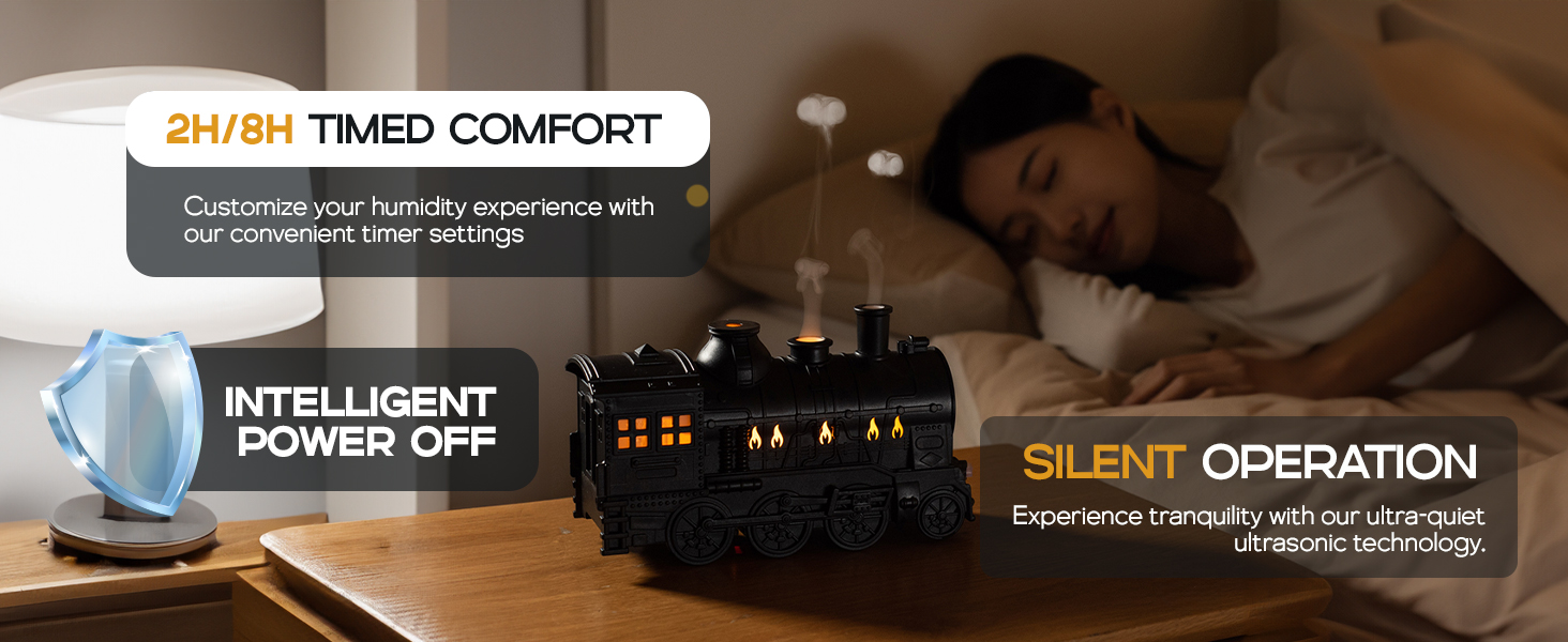 Bedside train humidifier: timer, auto-off, silent operation for restful sleep