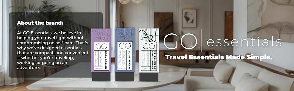 On the go essentials. Travel size body lotion, body wash, 2 in 1 Shampoo and Conditioner packets