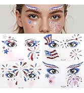 Boko 4th of July Patriotic Glitter Face Stickers, 4Pcs Red White Blue Temporary Tattoos for Pride...