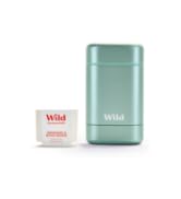 Two light green metal containers, one larger and one smaller, possibly for cosmetics or personal care products.