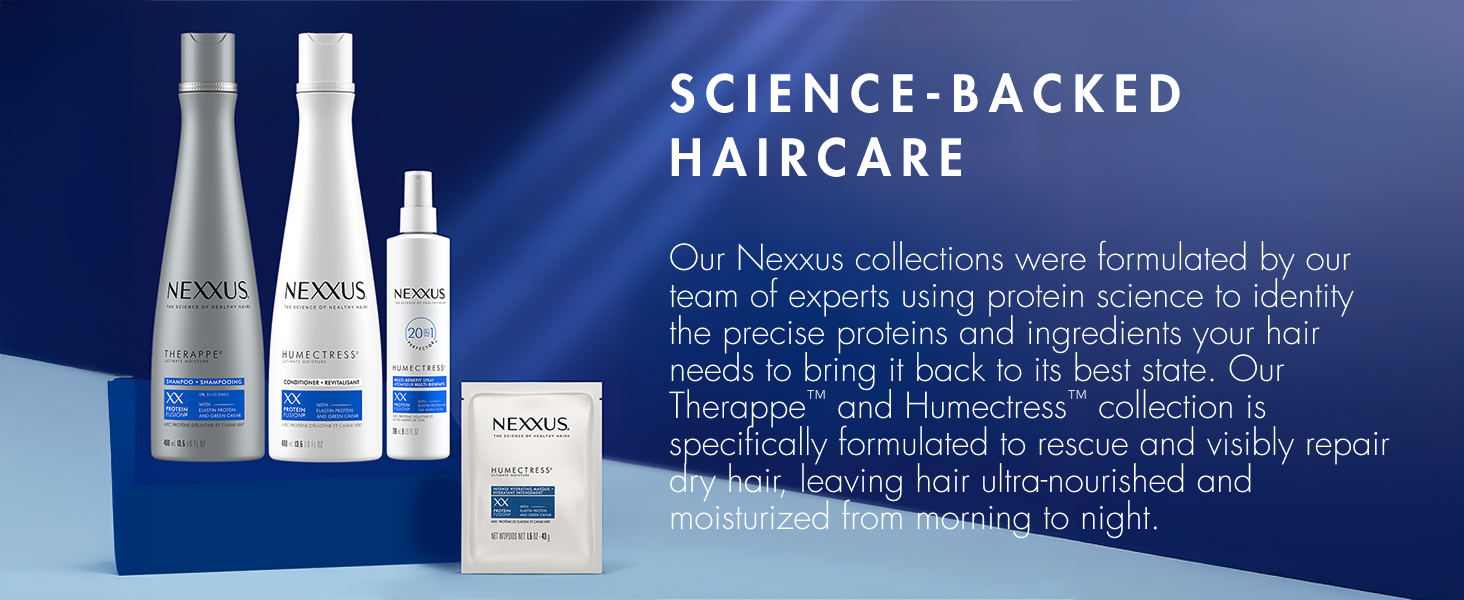 Nexxus Therappe Ultimate Moisture collection next to text about science-backed haircare. 