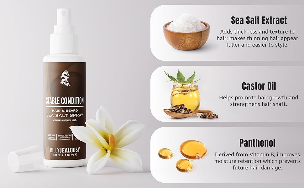 sea salt extract castor oil panthenol hair strengthen vitamin B thickness
