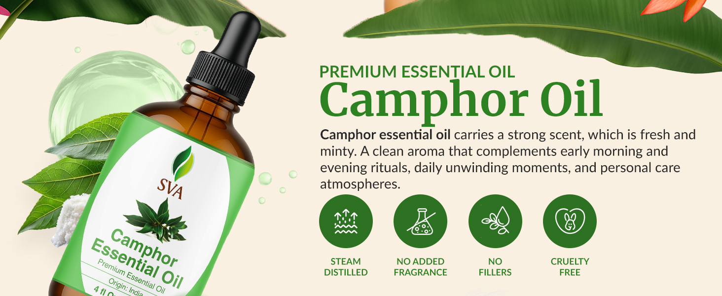SVA Camphor essential oil is steam distilled and has a strong minty scent useful for diffusion