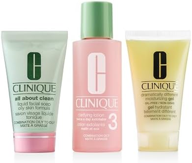 Clinique 3-Step Refresher Course Skincare Gift Set For Oily Combination Skin Types | Face Soap, Clarifying Lotion + Dramatically Different Gel | Includes 3 Travel Sizes