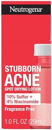 Neutrogena Stubborn Acne Spot Drying Lotion, Fragrance-Free Sulfur Acne Treatment Clears Acne By Drying Up & Shrinking Pimples, Paraben- & Oil-Free, 10% Sulfur & 4% Niacinamide, 1.0 fl. oz