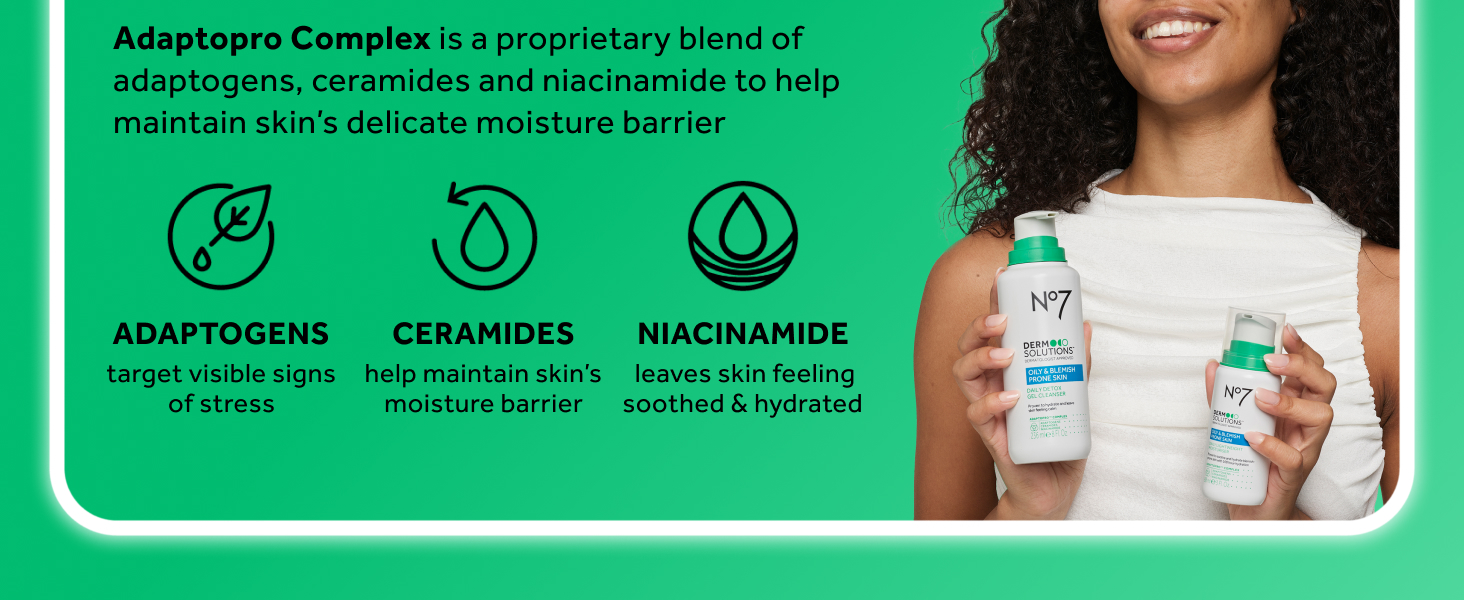 made with adaptogens to target signs of stress, ceramides for moisture barrier and niacinamide