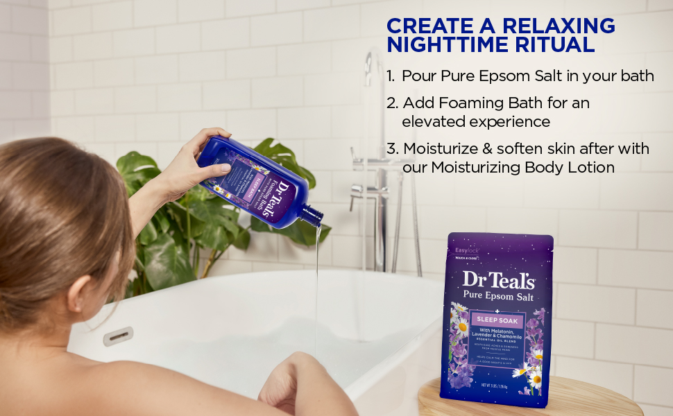 create a nighttime sleep ritual, body lotion, sleep balm, foaming bath, pure epsom slat