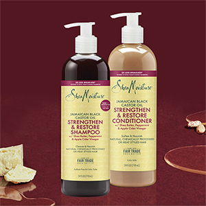 Image of SheaMoisture shampoo and conditioner bottles  surrounded by decorative elements.