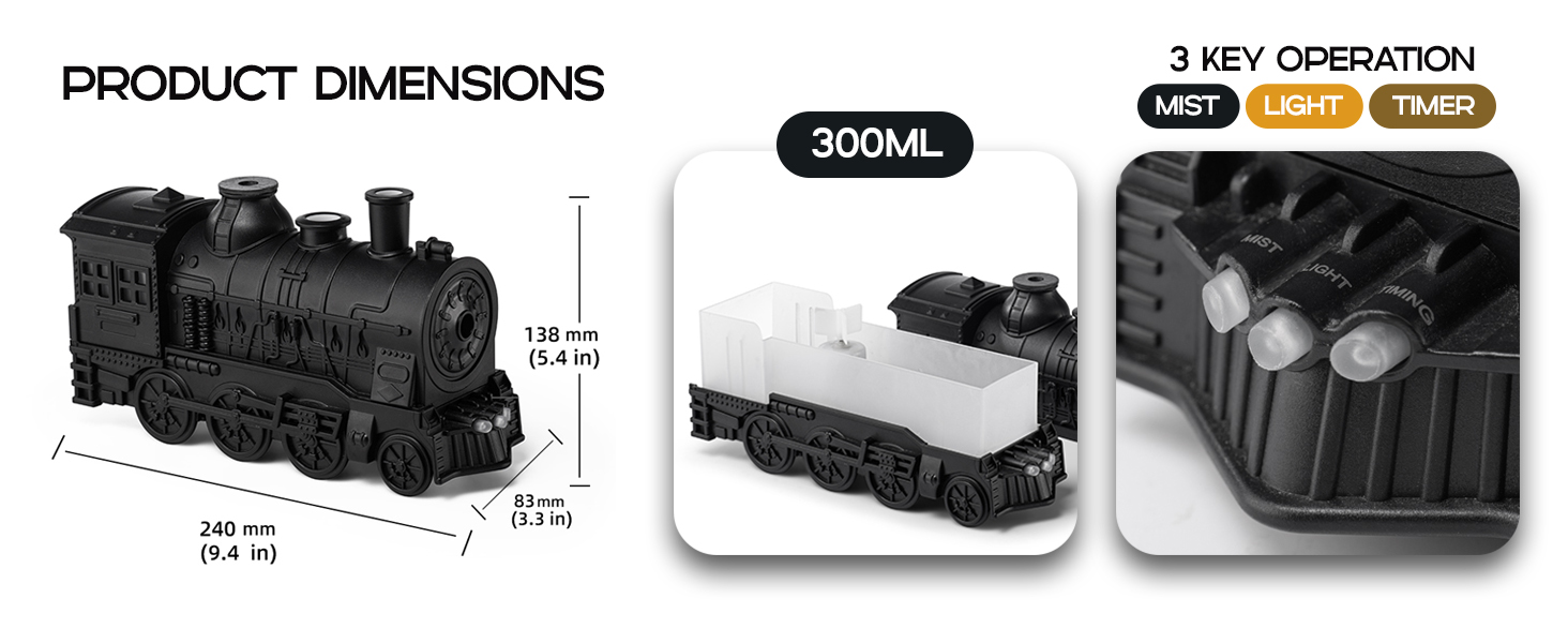 Retro train-shaped humidifier with dimensions 300ml capacity and 3 key operations mist, light, timer