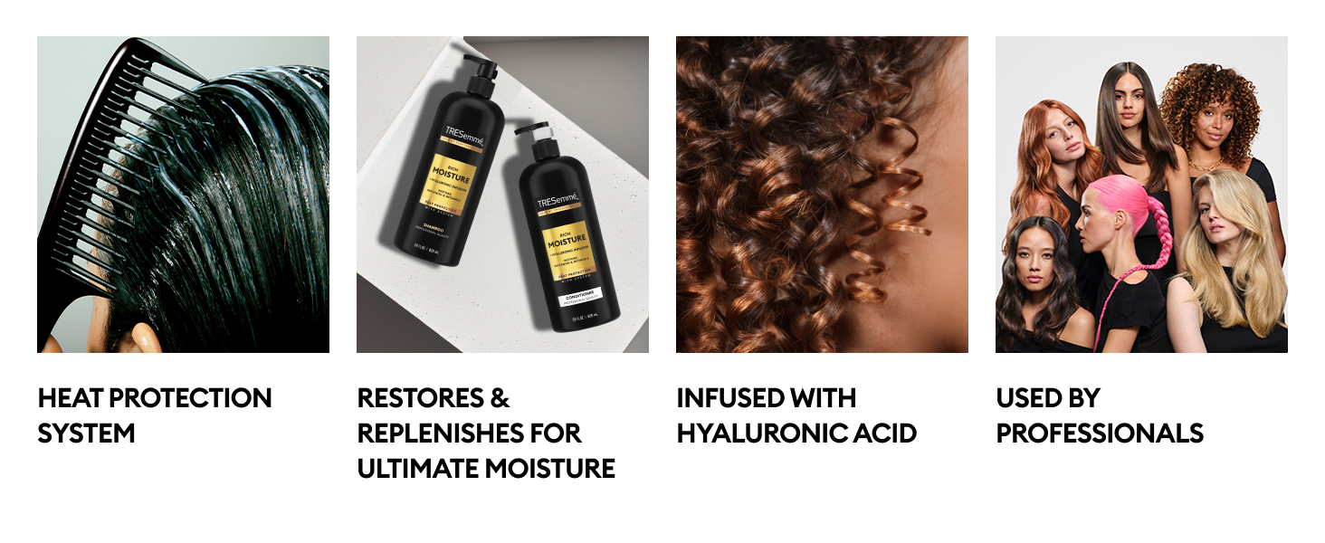 Comb through wet hair, bottles, closeup of shiny curls & diverse women with bold styles.