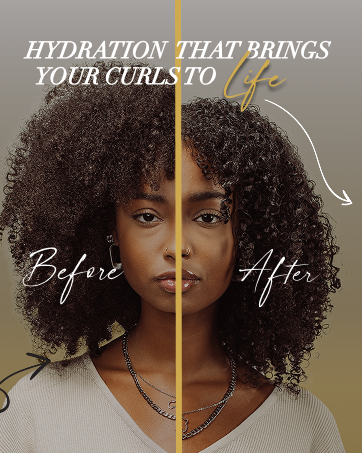 A split screen of a model showcasing her curly hair before product and after  using the product