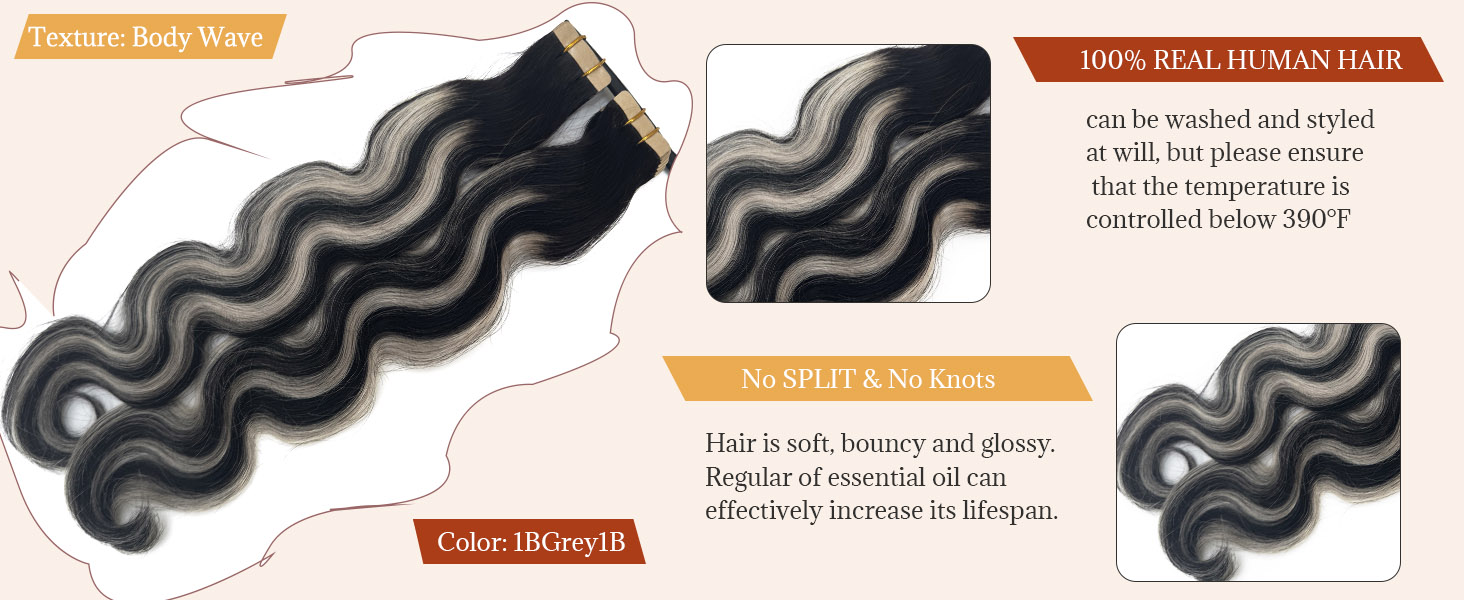 balayage grey highlights body wave tape ins for black women