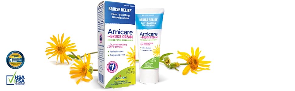 Arnicare Bruise Cream  box and tube with Arnica flowers